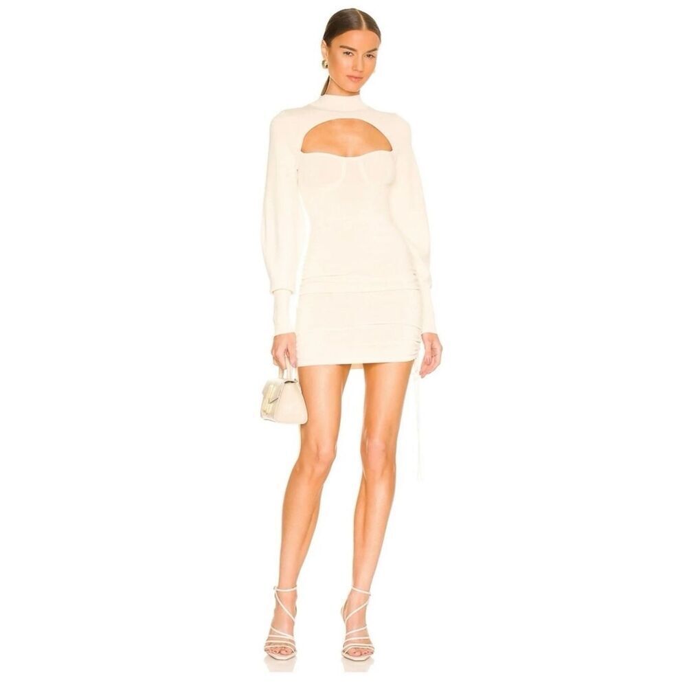 Revolve NBD Tanner Ruched Mini Knit Dress Cream Cutout Bodycon Size Small